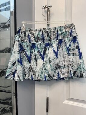 Abstract Blue & White Mini Skirt with Teal Accents